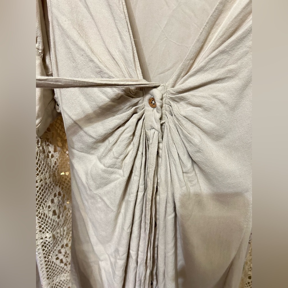 Free People Vintage Summer Neutral Tie Front Midi Dress Small Boho Linen EUC - Picture 7 of 10